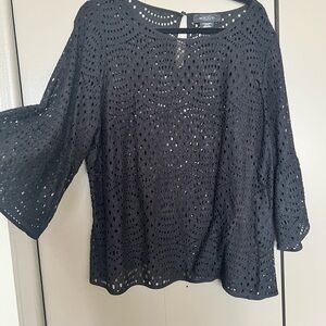 Worthington Black Crochet Eyelet Bell-Sleeve Tunic